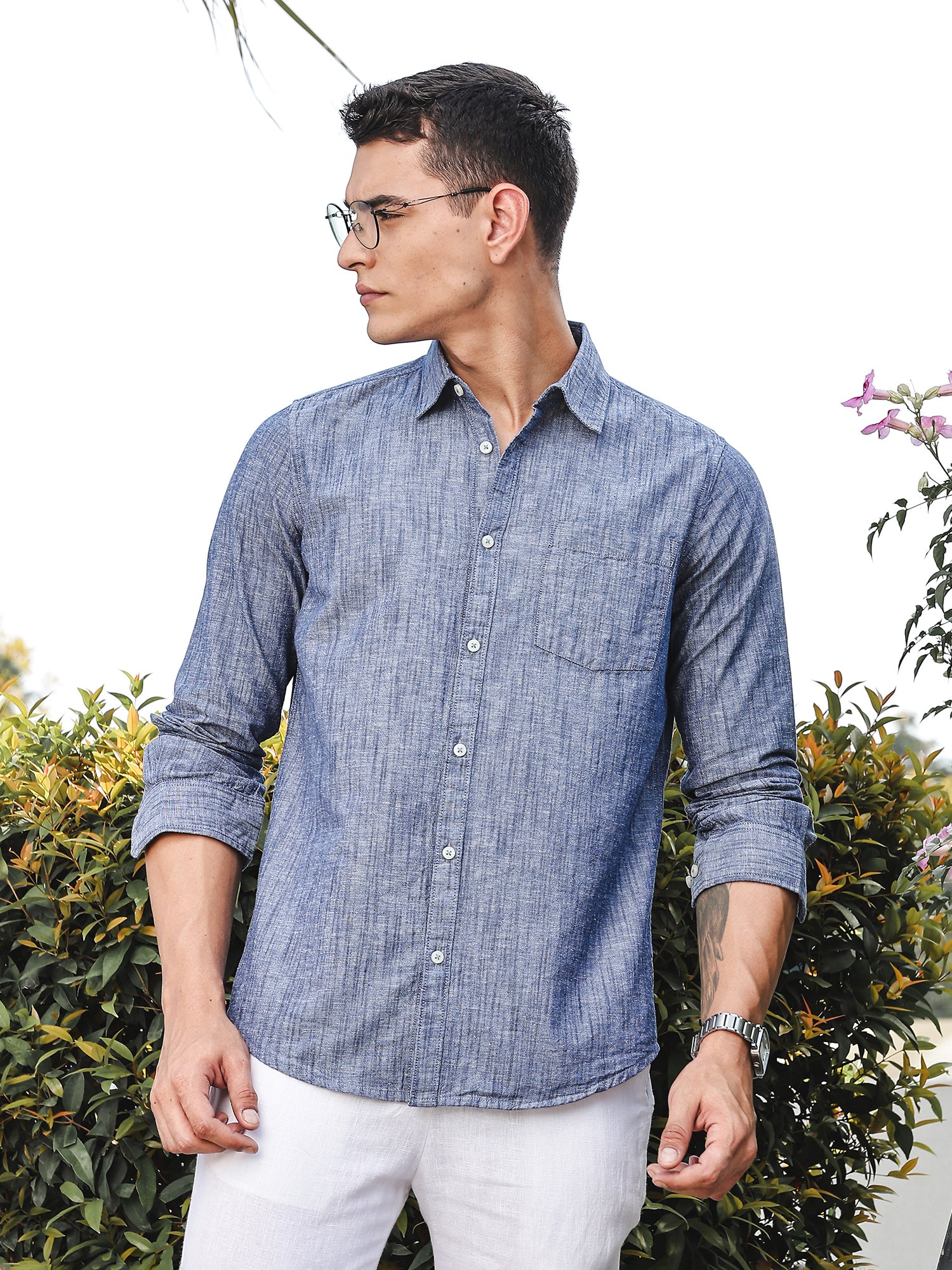 Thomas Scott Men Blue Slim Fit Long Sleeves Spread Collar Linen Casual Shirt