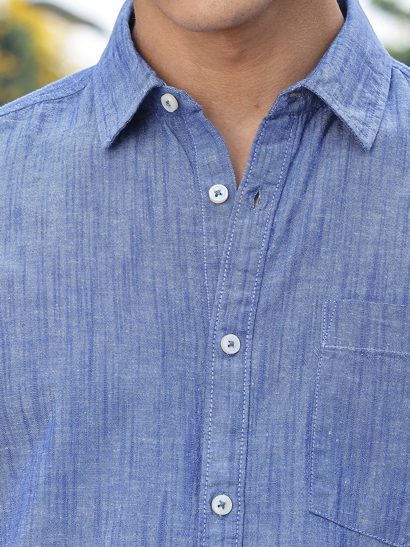 Thomas Scott Men DarkBlue Slim Fit Short Sleeves Spread Collar Linen Casual Shirt