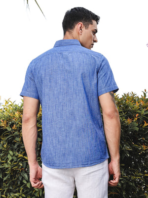 Dark Blue Slim Fit Short Sleeves Spread Collar Linen Casual Shirt For Men