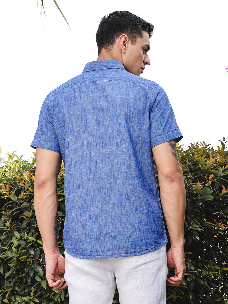 Thomas Scott Men DarkBlue Slim Fit Short Sleeves Spread Collar Linen Casual Shirt