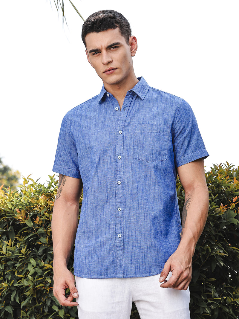 Thomas Scott Men DarkBlue Slim Fit Short Sleeves Spread Collar Linen Casual Shirt
