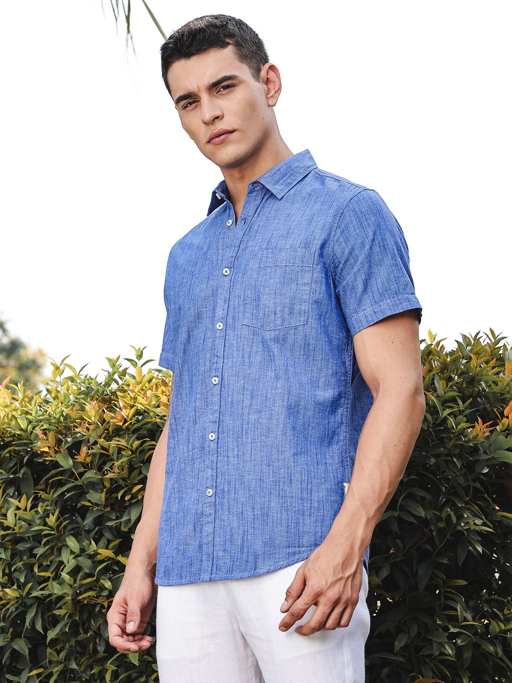 Thomas Scott Men DarkBlue Slim Fit Short Sleeves Spread Collar Linen Casual Shirt