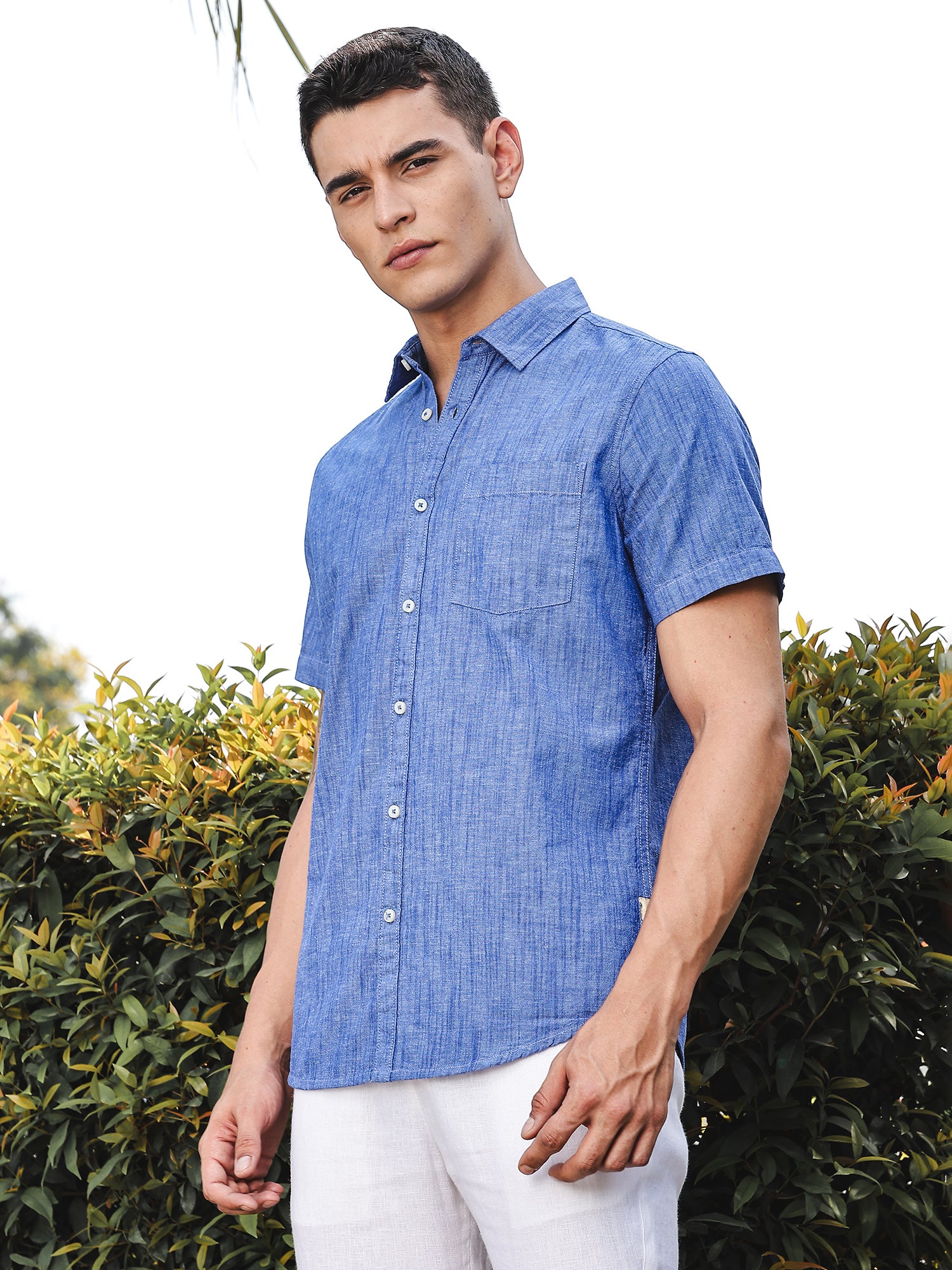 Thomas Scott Men DarkBlue Slim Fit Short Sleeves Spread Collar Linen Casual Shirt