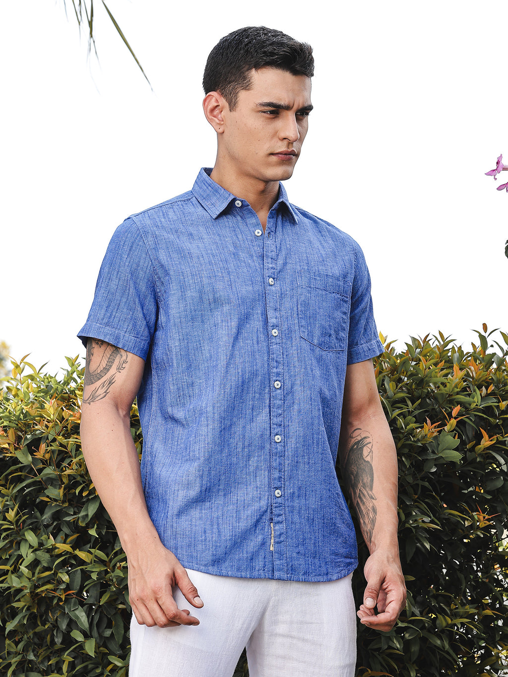 Thomas Scott Men DarkBlue Slim Fit Short Sleeves Spread Collar Linen Casual Shirt