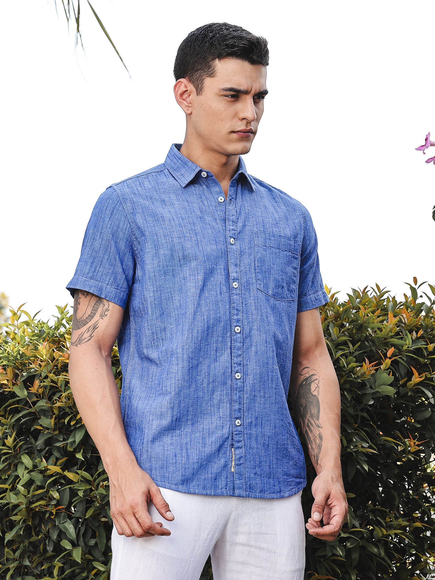 Thomas Scott Men DarkBlue Slim Fit Short Sleeves Spread Collar Linen Casual Shirt