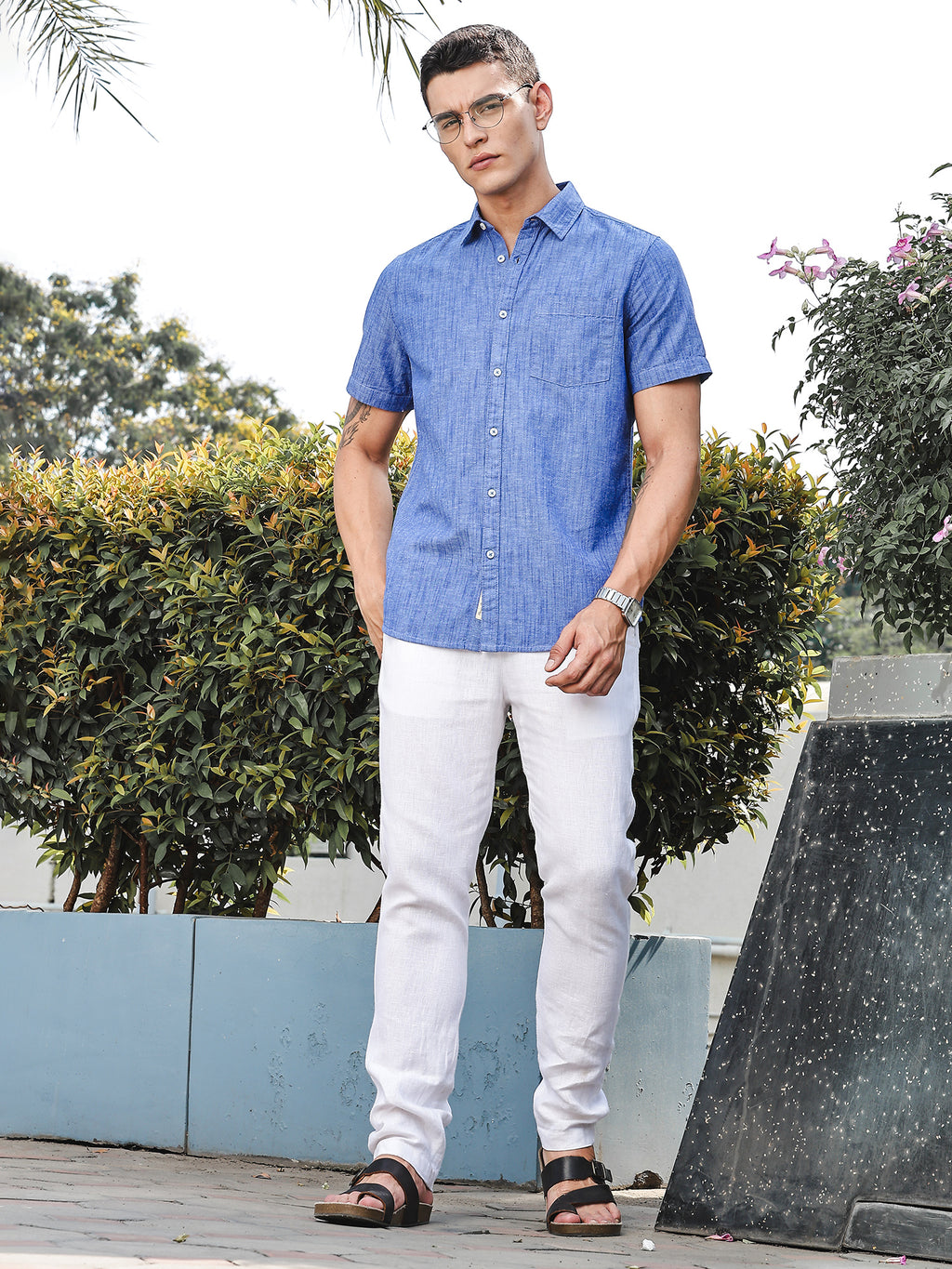Thomas Scott Men DarkBlue Slim Fit Short Sleeves Spread Collar Linen Casual Shirt