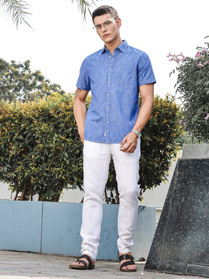 Dark Blue Slim Fit Short Sleeves Spread Collar Linen Casual Shirt For Men