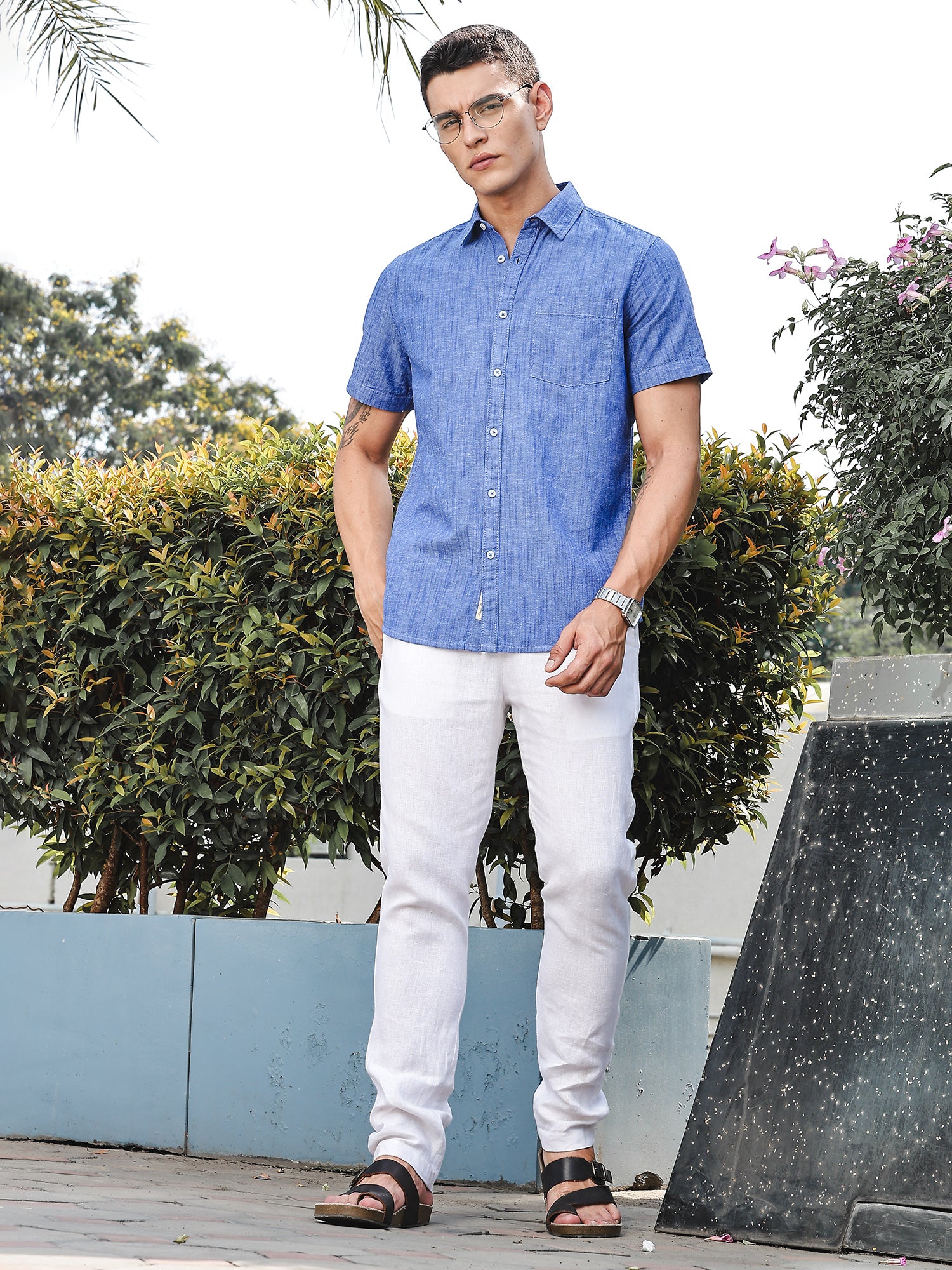 Thomas Scott Men DarkBlue Slim Fit Short Sleeves Spread Collar Linen Casual Shirt