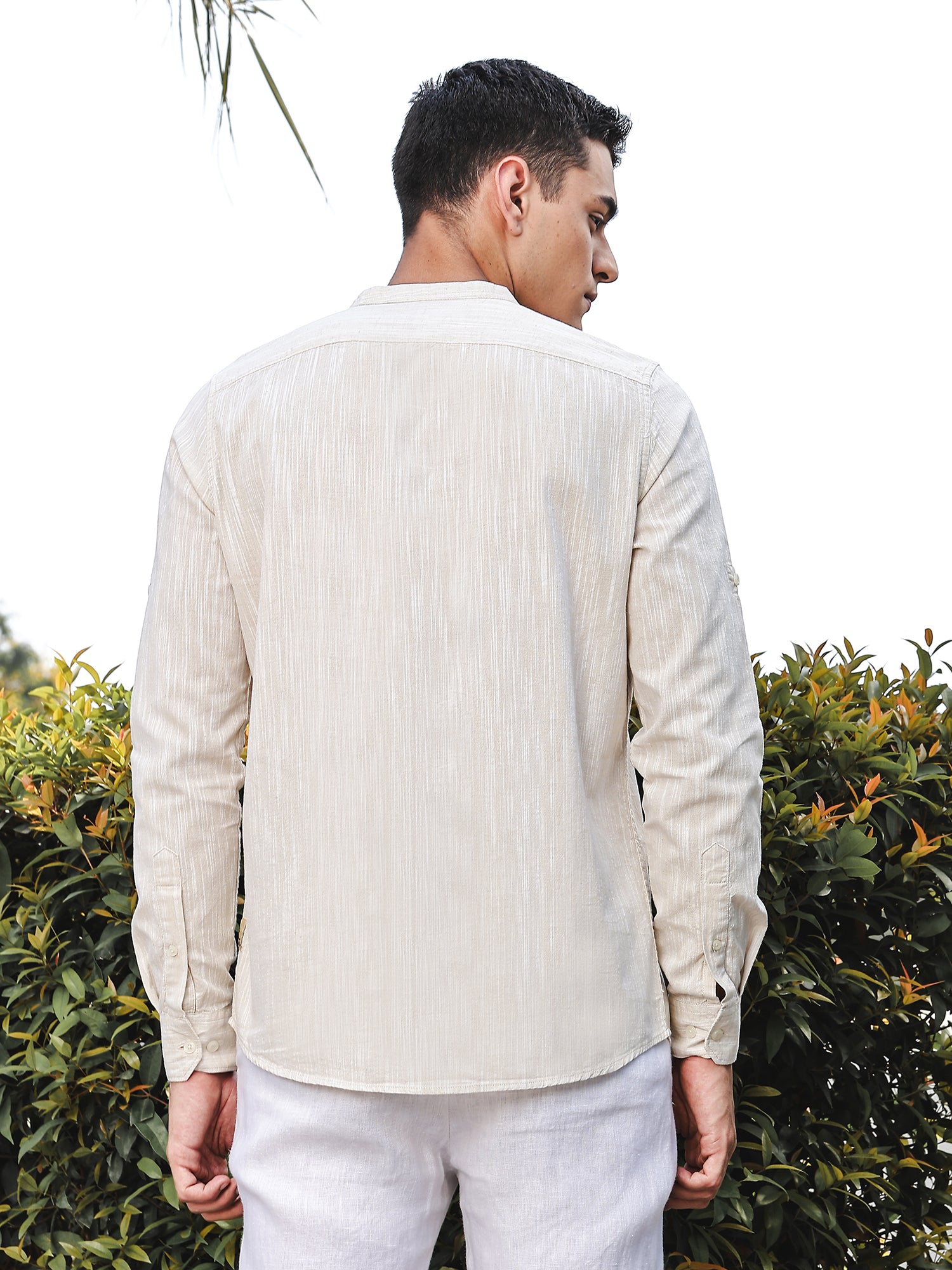 Thomas Scott Men LightBeige Slim Fit Long Sleeves Mandarin Collar Linen Casual Shirt