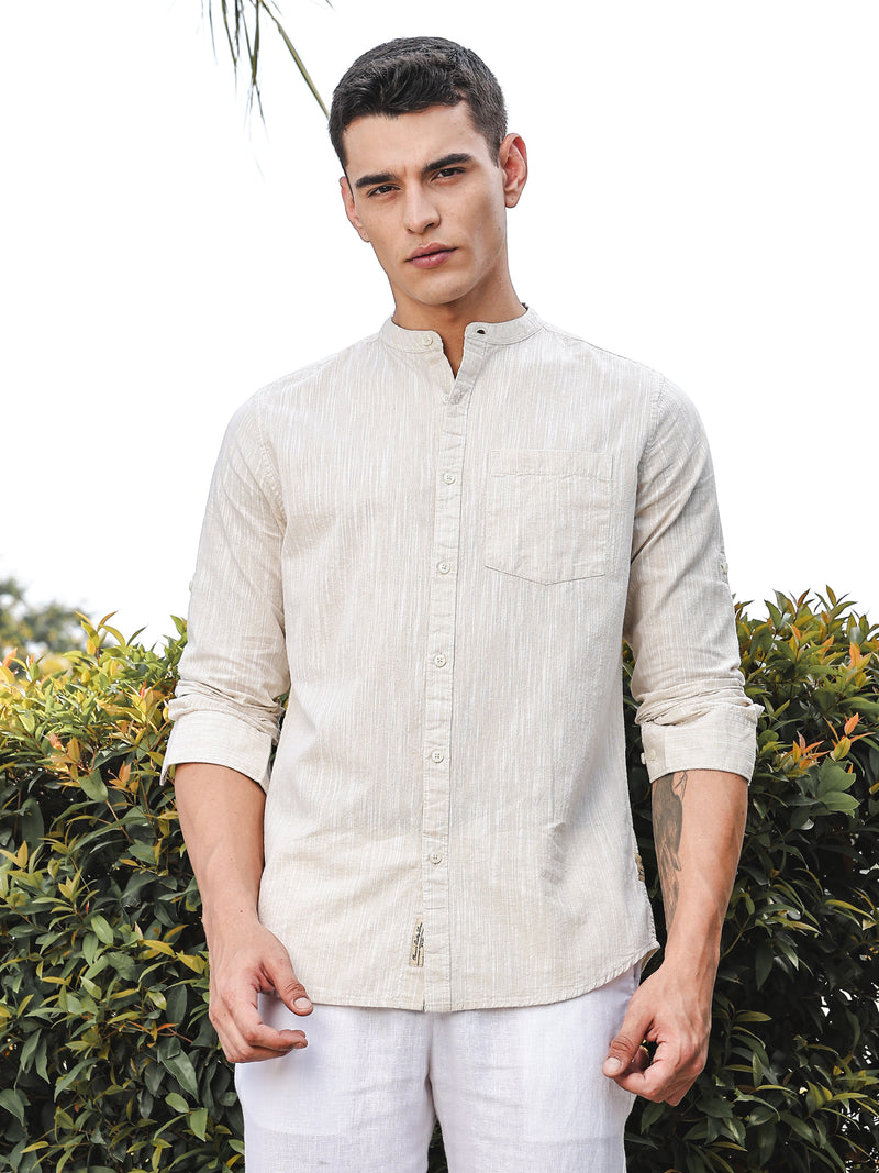 Thomas Scott Men LightBeige Slim Fit Long Sleeves Mandarin Collar Linen Casual Shirt