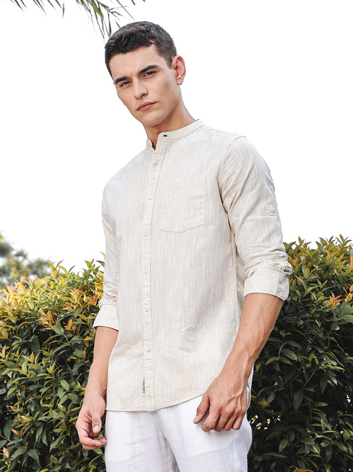 Thomas Scott Men LightBeige Slim Fit Long Sleeves Mandarin Collar Linen Casual Shirt