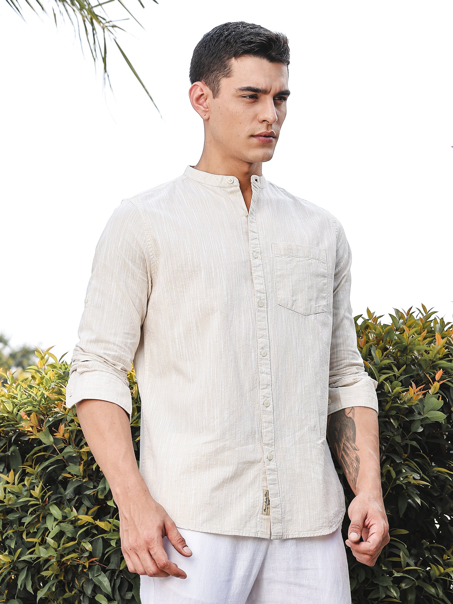 Thomas Scott Men LightBeige Slim Fit Long Sleeves Mandarin Collar Linen Casual Shirt