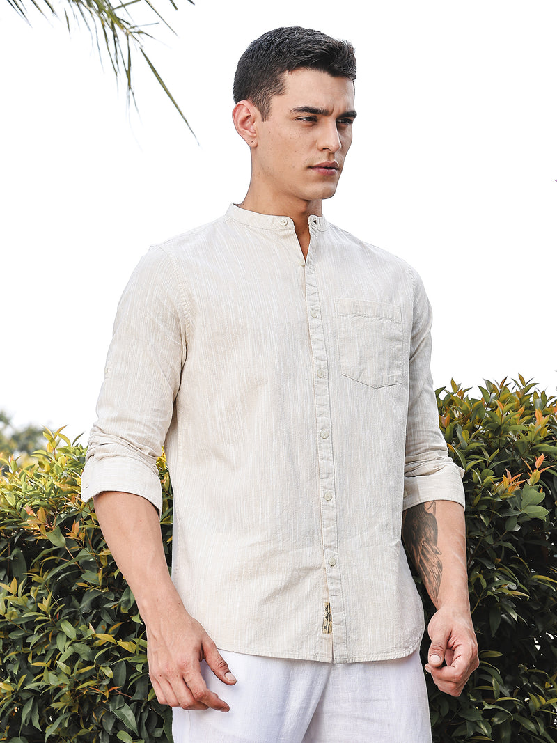 Thomas Scott Men LightBeige Slim Fit Long Sleeves Mandarin Collar Linen Casual Shirt