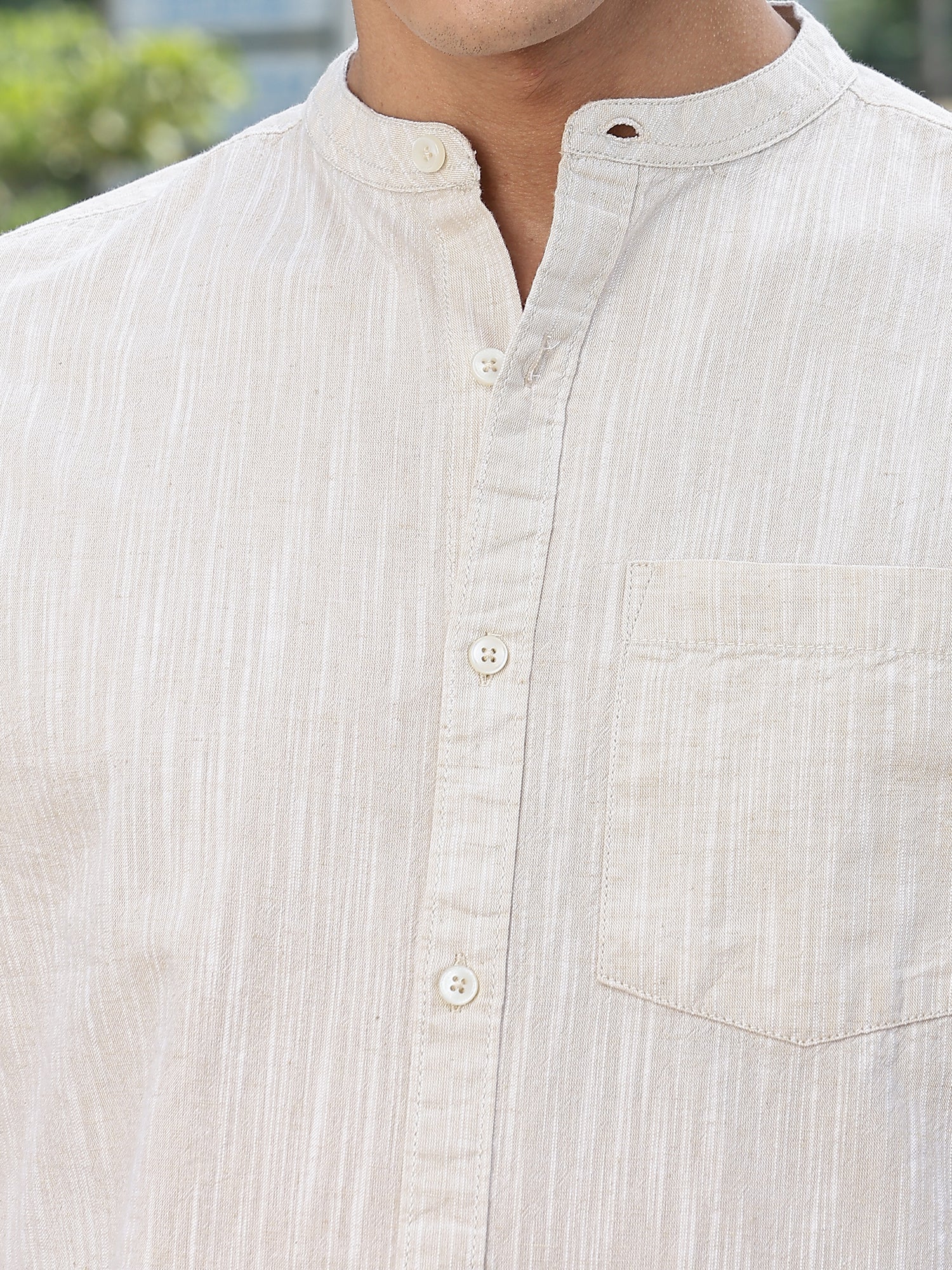 Thomas Scott Men LightBeige Slim Fit Long Sleeves Mandarin Collar Linen Casual Shirt