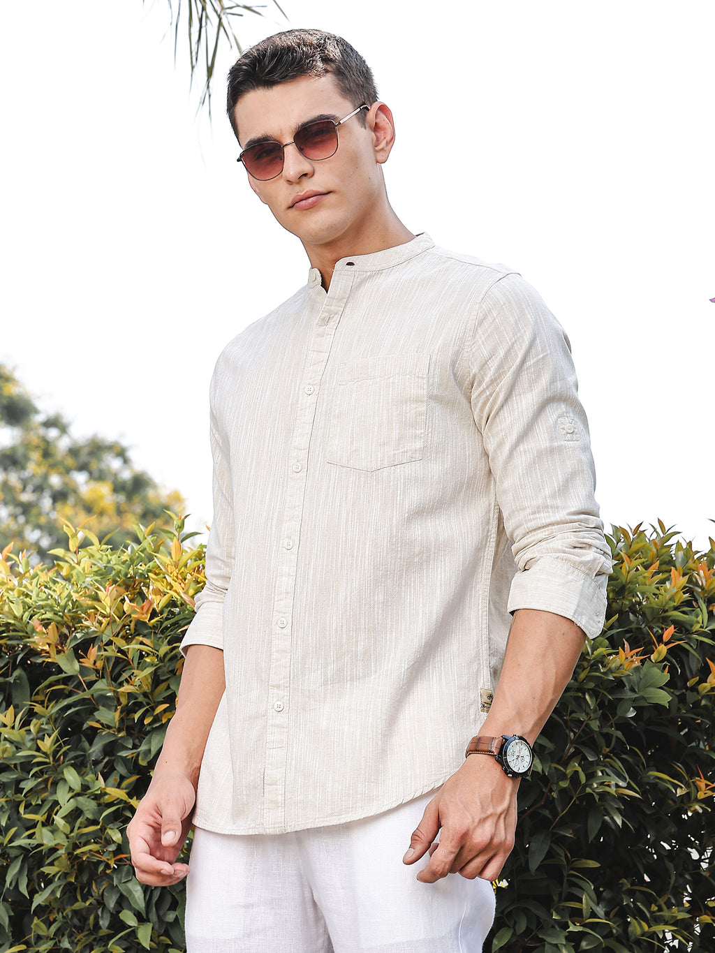Thomas Scott Men LightBeige Slim Fit Long Sleeves Mandarin Collar Linen Casual Shirt