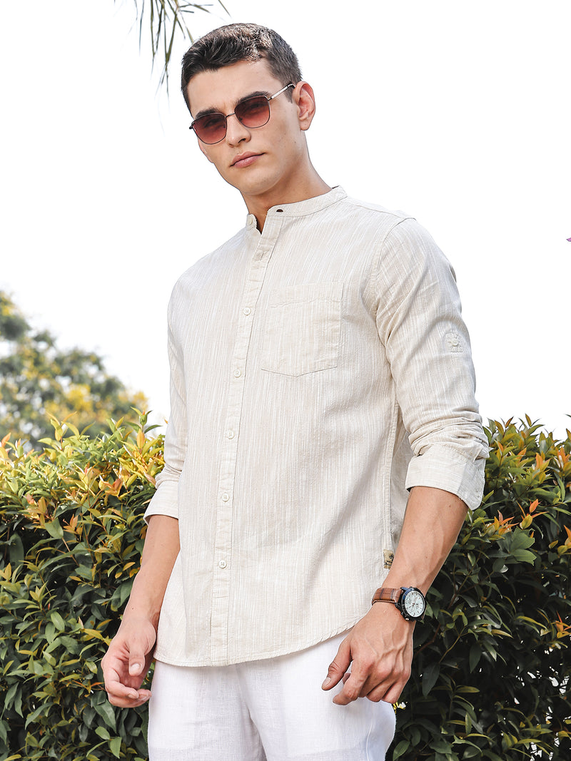 Thomas Scott Men LightBeige Slim Fit Long Sleeves Mandarin Collar Linen Casual Shirt