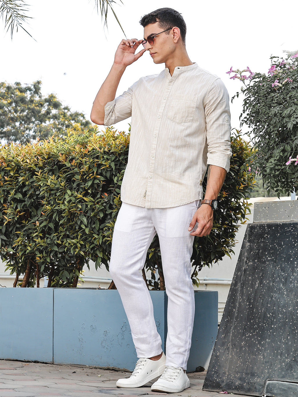 Thomas Scott Men LightBeige Slim Fit Long Sleeves Mandarin Collar Linen Casual Shirt