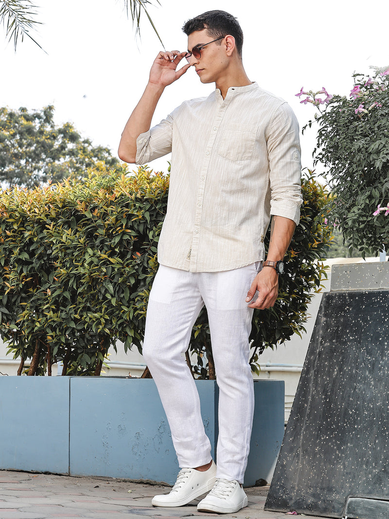 Thomas Scott Men LightBeige Slim Fit Long Sleeves Mandarin Collar Linen Casual Shirt