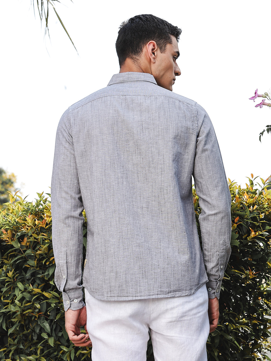 Thomas Scott Men Grey Slim Fit Long Sleeves Spread Collar Linen Casual Shirt