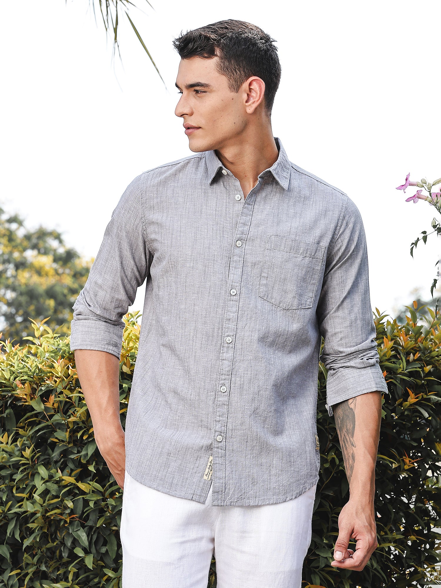Thomas Scott Men Grey Slim Fit Long Sleeves Spread Collar Linen Casual Shirt