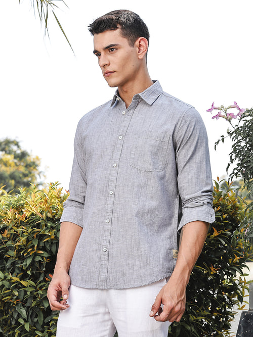 Thomas Scott Men Grey Slim Fit Long Sleeves Spread Collar Linen Casual Shirt