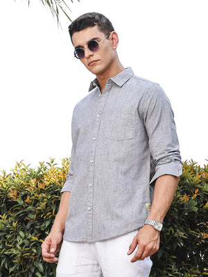 Thomas Scott Men Grey Slim Fit Long Sleeves Spread Collar Linen Casual Shirt
