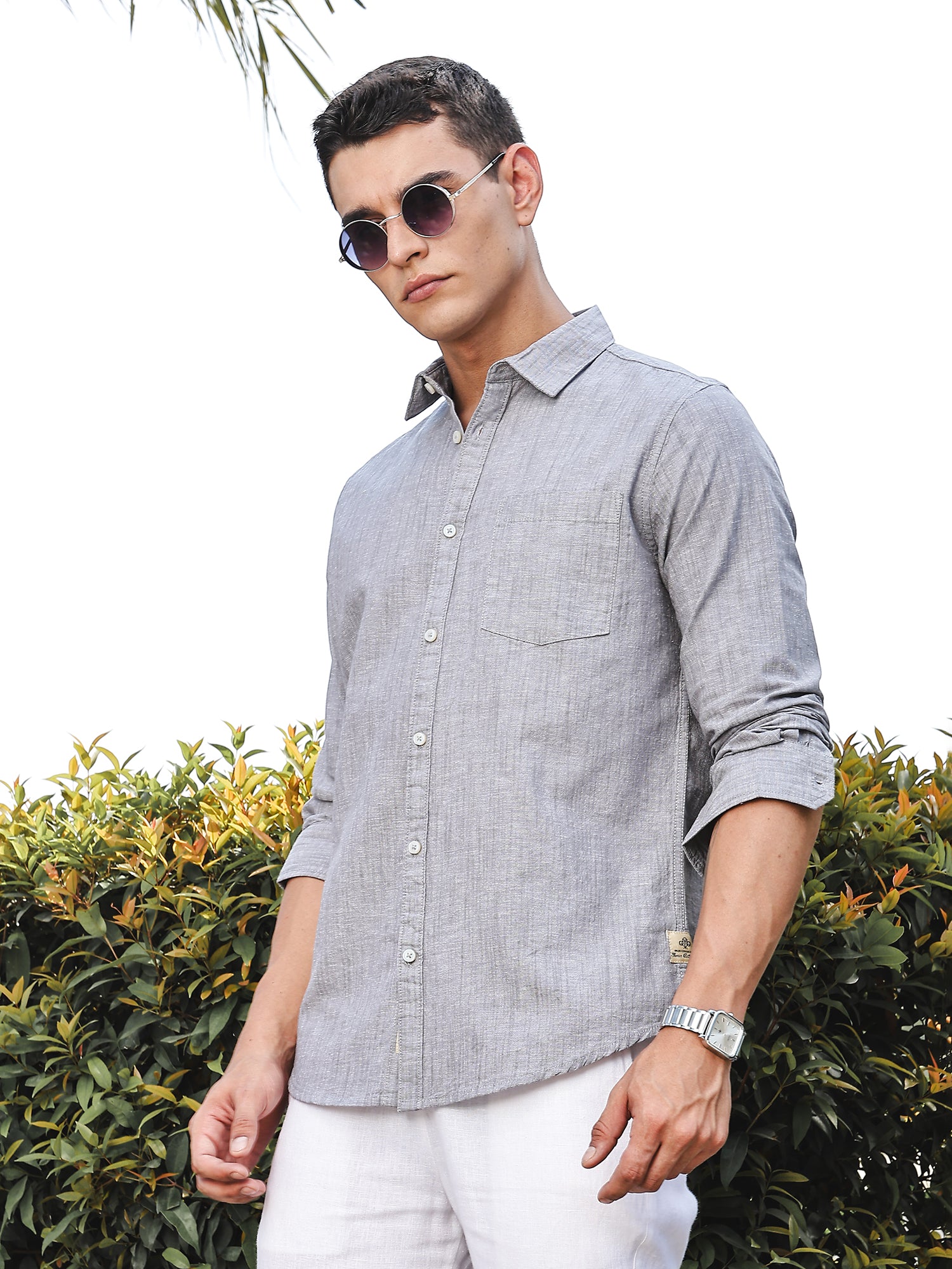 Thomas Scott Men Grey Slim Fit Long Sleeves Spread Collar Linen Casual Shirt