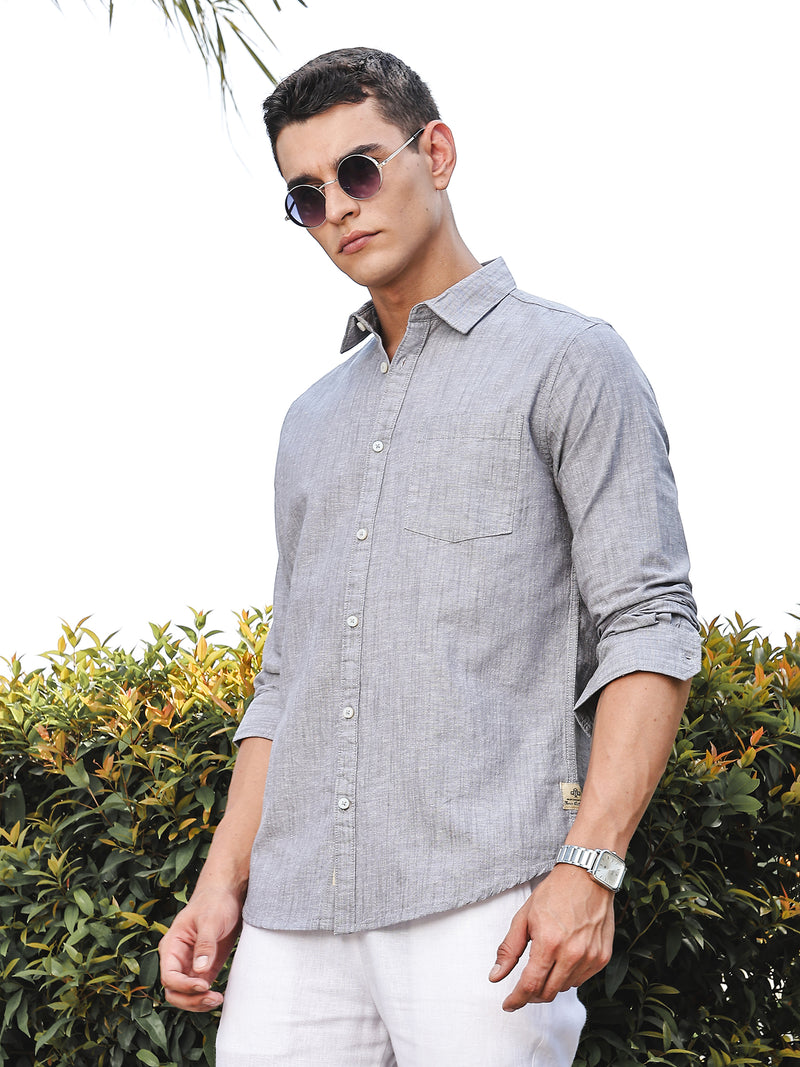 Thomas Scott Men Grey Slim Fit Long Sleeves Spread Collar Linen Casual Shirt