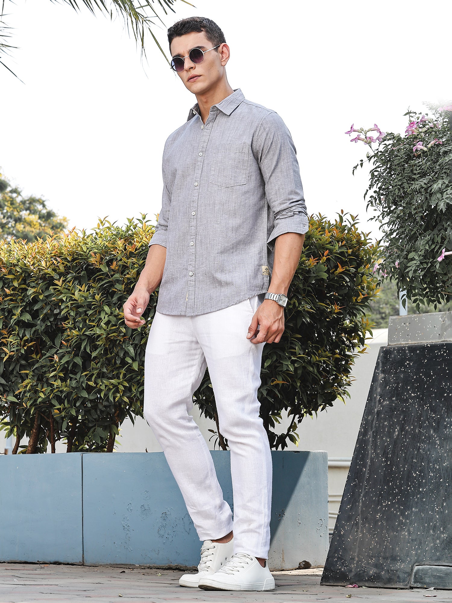 Thomas Scott Men Grey Slim Fit Long Sleeves Spread Collar Linen Casual Shirt
