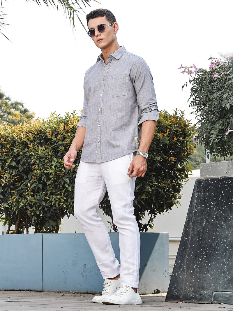 Thomas Scott Men Grey Slim Fit Long Sleeves Spread Collar Linen Casual Shirt