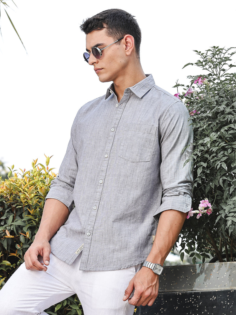 Thomas Scott Men Grey Slim Fit Long Sleeves Spread Collar Linen Casual Shirt