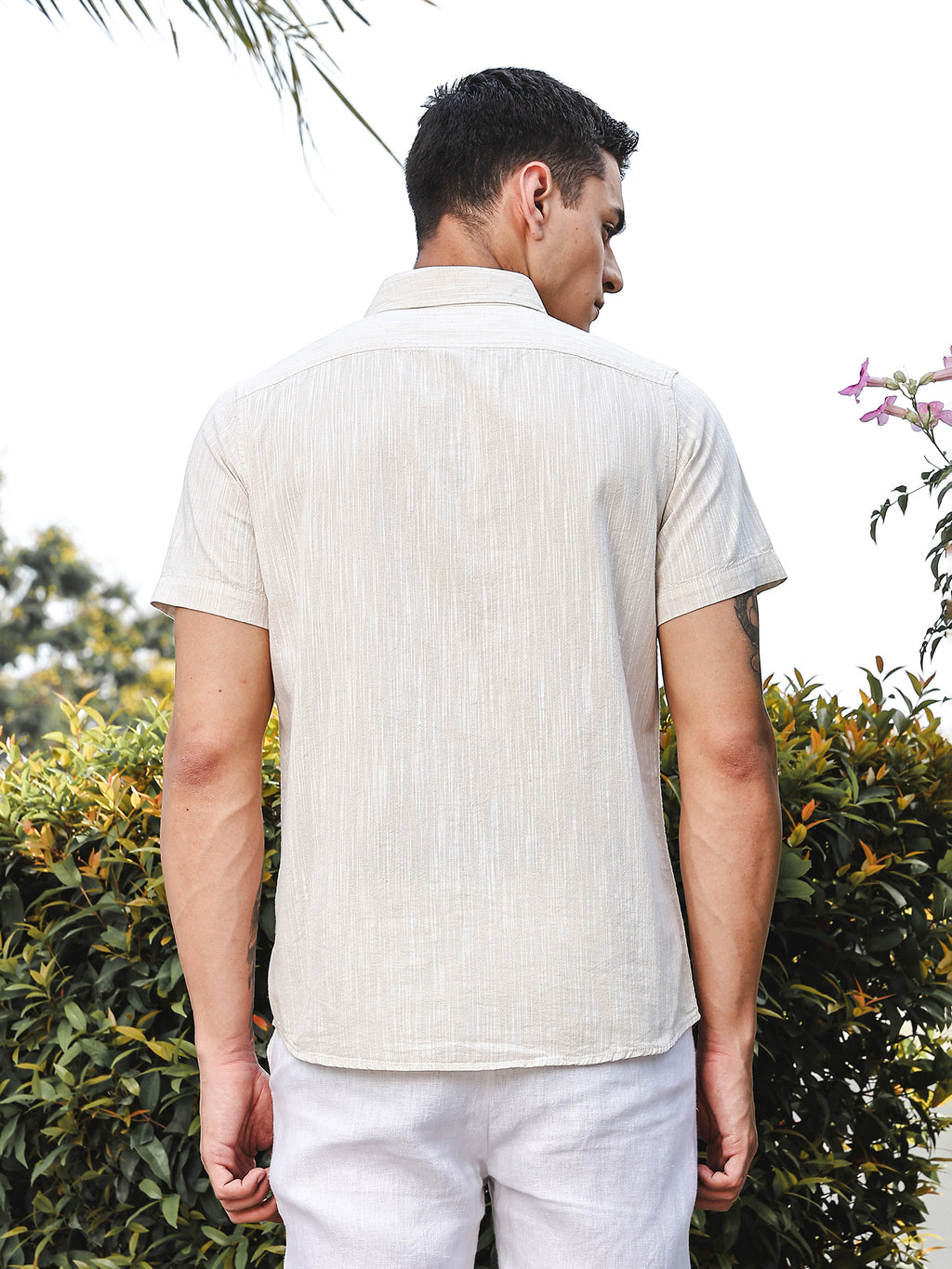 Thomas Scott Men LightBeige Slim Fit Short Sleeves Spread Collar Linen Casual Shirt