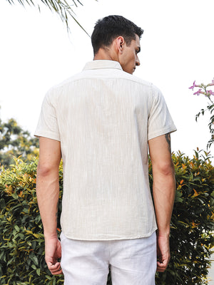 Light Beige Slim Fit Short Sleeves Spread Collar Linen Casual Shirt For Men