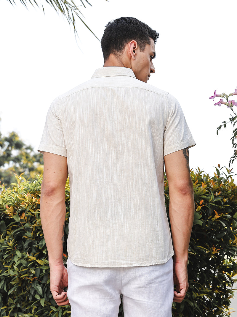 Thomas Scott Men LightBeige Slim Fit Short Sleeves Spread Collar Linen Casual Shirt