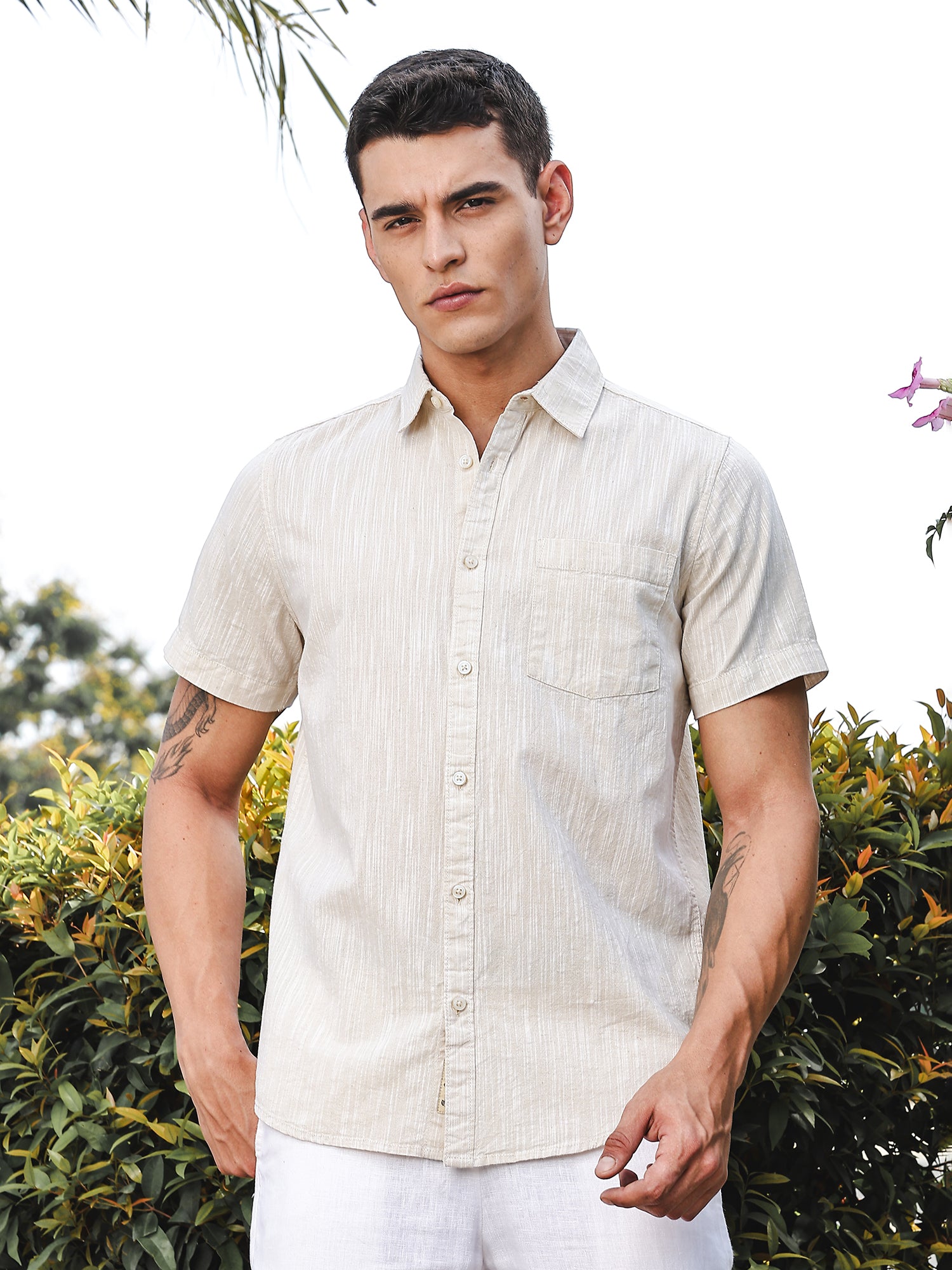Thomas Scott Men LightBeige Slim Fit Short Sleeves Spread Collar Linen Casual Shirt