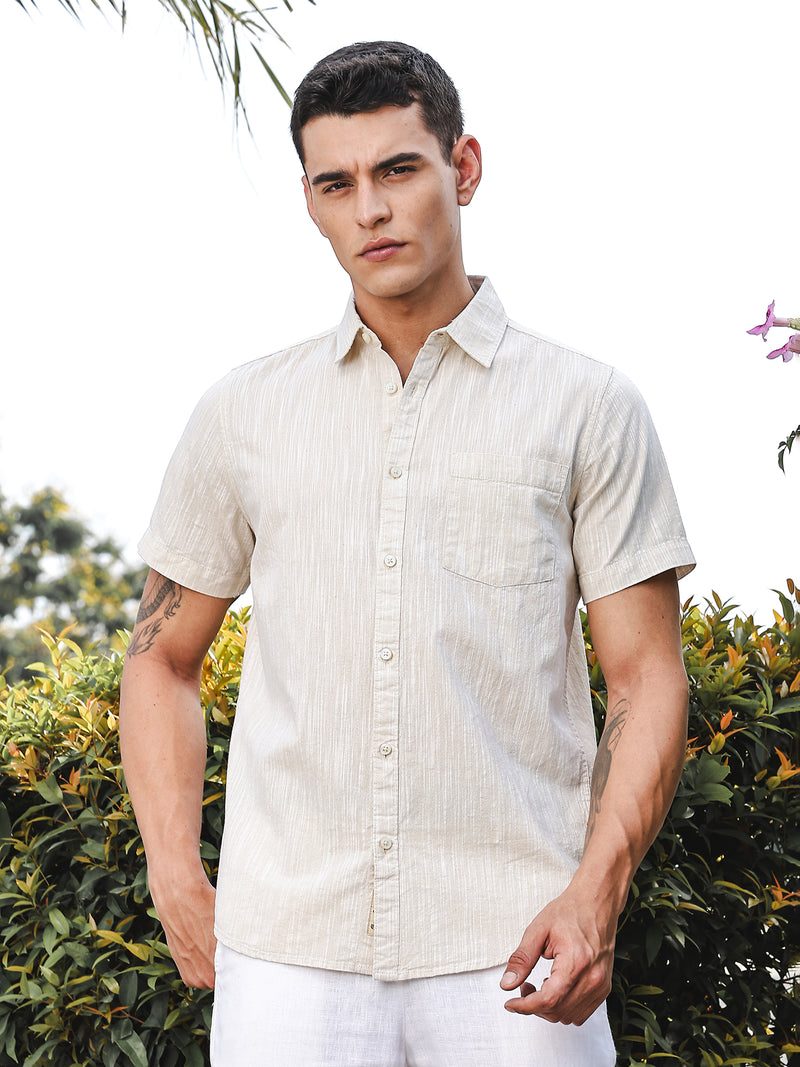 Thomas Scott Men LightBeige Slim Fit Short Sleeves Spread Collar Linen Casual Shirt
