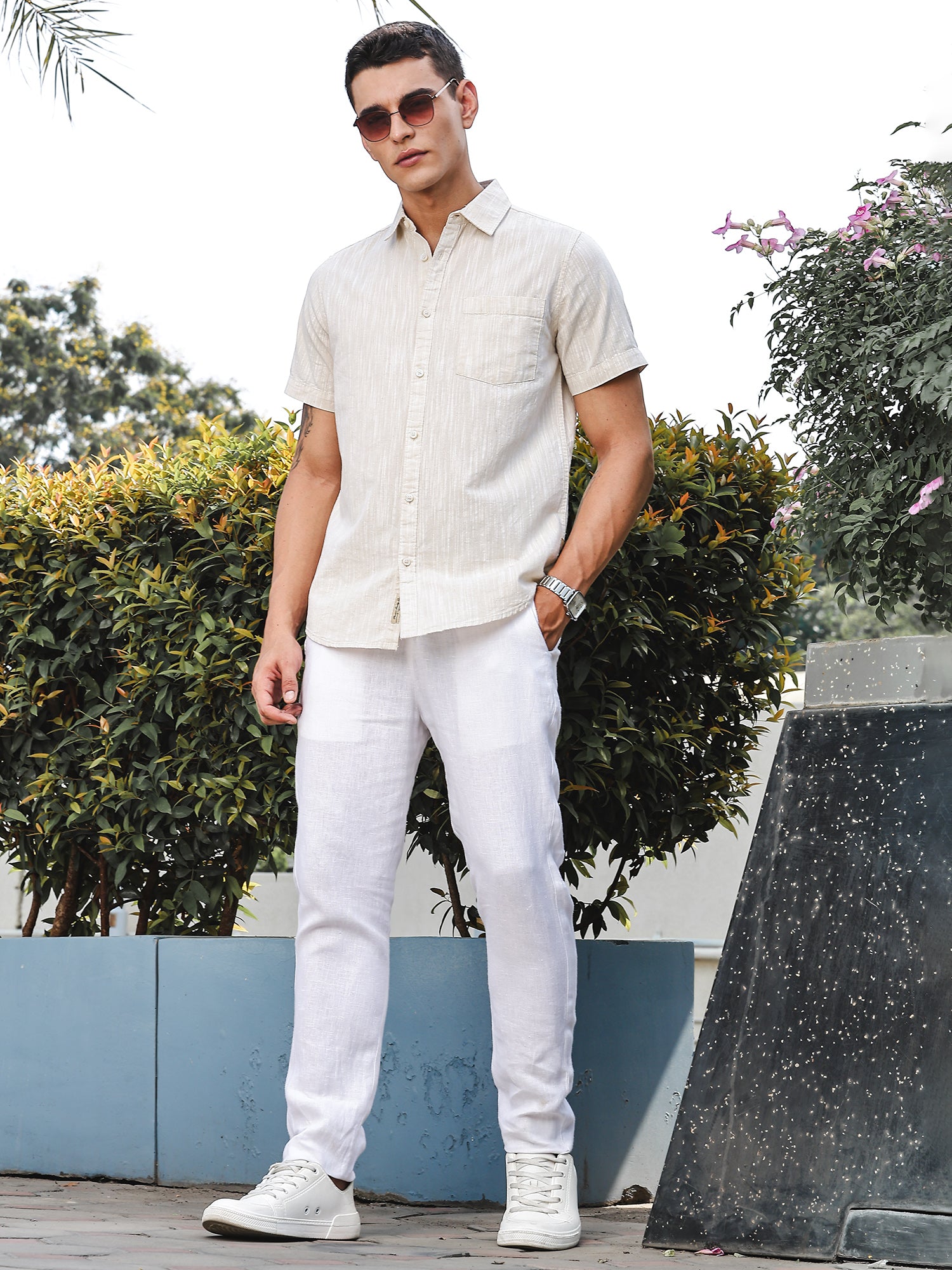 Thomas Scott Men LightBeige Slim Fit Short Sleeves Spread Collar Linen Casual Shirt