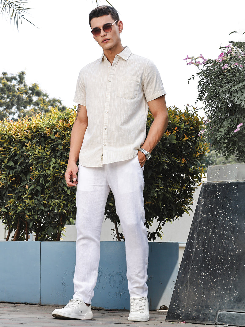 Thomas Scott Men LightBeige Slim Fit Short Sleeves Spread Collar Linen Casual Shirt
