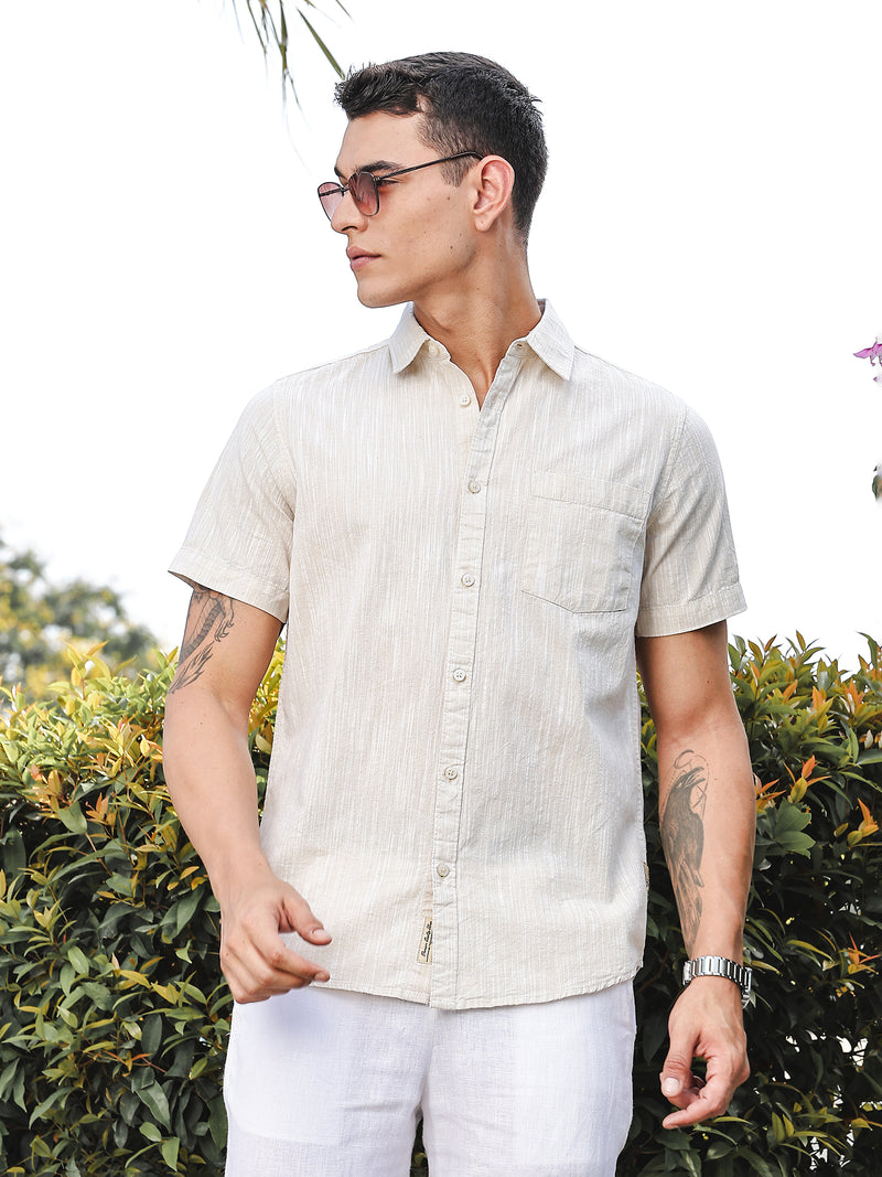 Thomas Scott Men LightBeige Slim Fit Short Sleeves Spread Collar Linen Casual Shirt