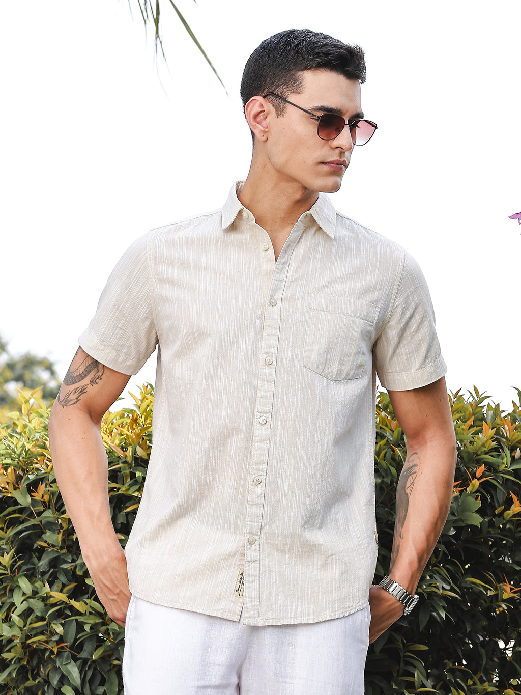 Thomas Scott Men LightBeige Slim Fit Short Sleeves Spread Collar Linen Casual Shirt