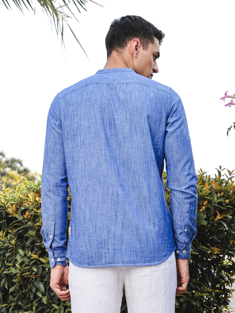 Thomas Scott Men DarkBlue Slim Fit Long Sleeves Mandarin Collar Linen Casual Shirt