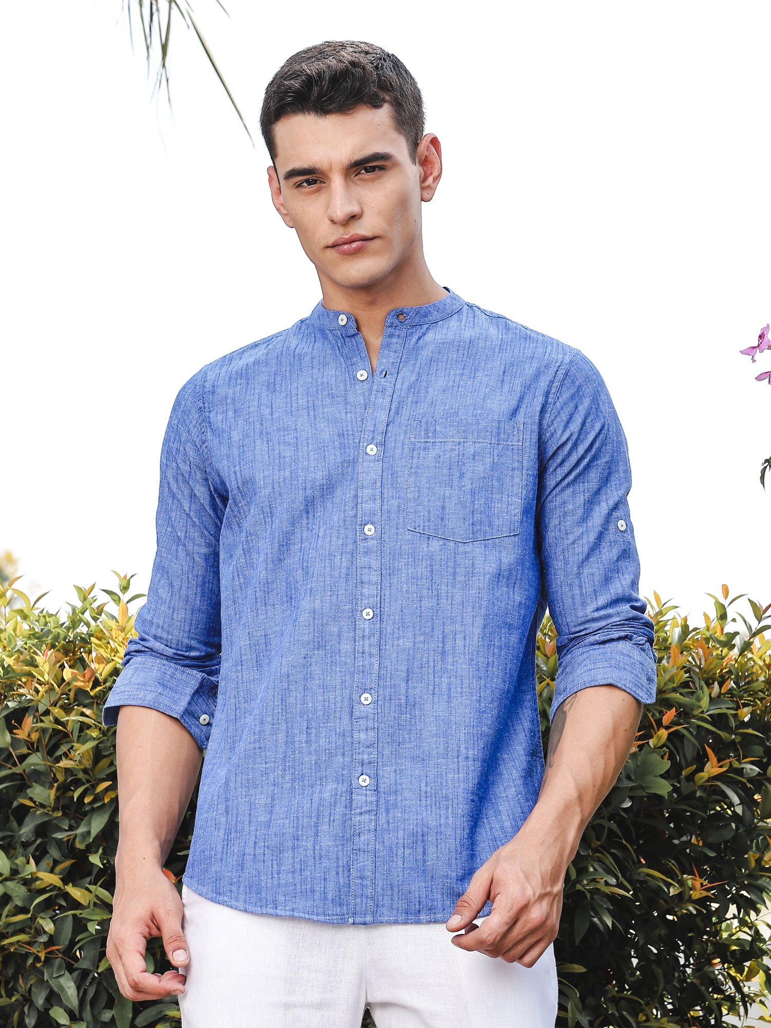 Thomas Scott Men DarkBlue Slim Fit Long Sleeves Mandarin Collar Linen Casual Shirt