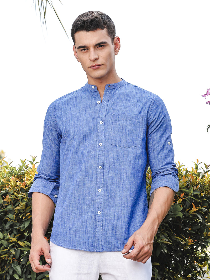 Thomas Scott Men DarkBlue Slim Fit Long Sleeves Mandarin Collar Linen Casual Shirt