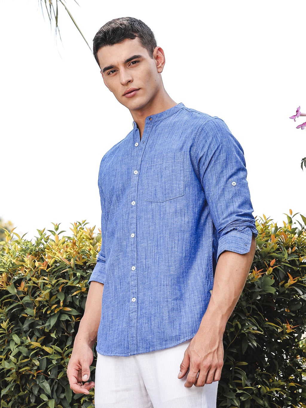 Thomas Scott Men DarkBlue Slim Fit Long Sleeves Mandarin Collar Linen Casual Shirt