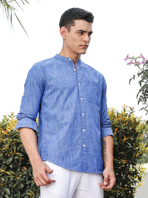 Thomas Scott Men DarkBlue Slim Fit Long Sleeves Mandarin Collar Linen Casual Shirt