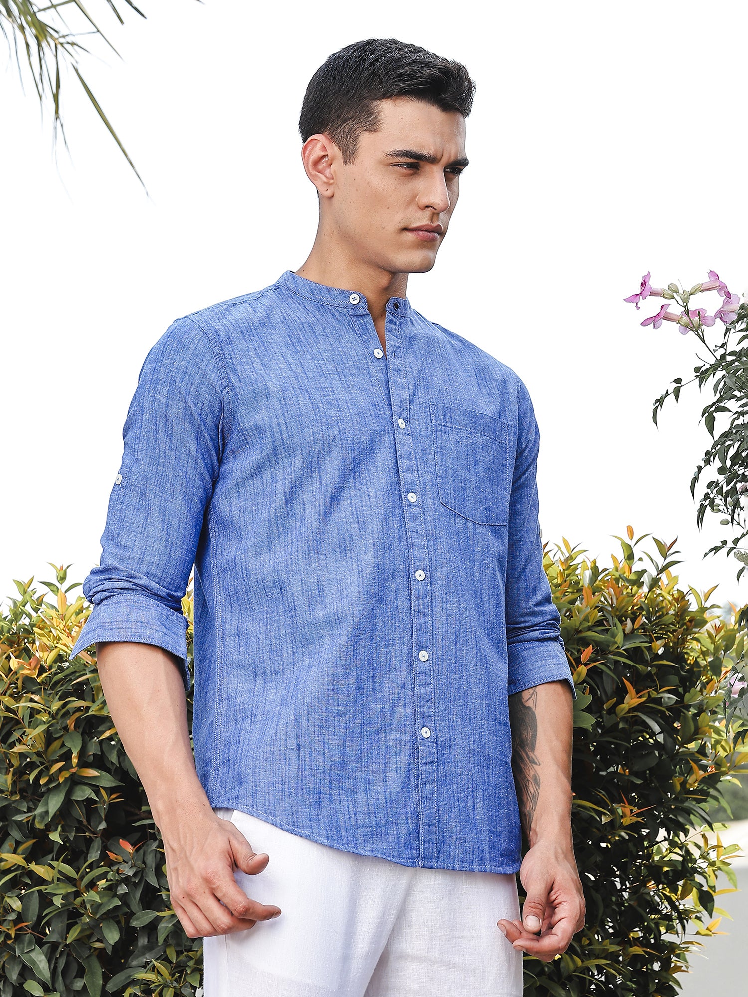 Thomas Scott Men DarkBlue Slim Fit Long Sleeves Mandarin Collar Linen Casual Shirt