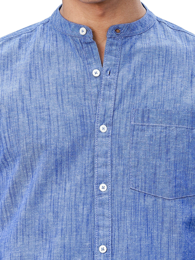 Thomas Scott Men DarkBlue Slim Fit Long Sleeves Mandarin Collar Linen Casual Shirt