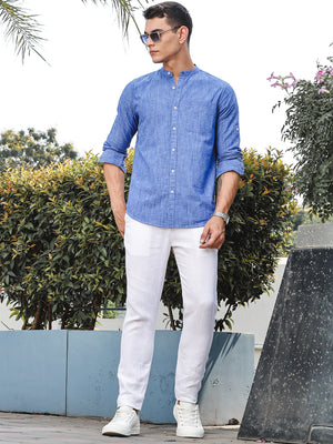 Thomas Scott Men DarkBlue Slim Fit Long Sleeves Mandarin Collar Linen Casual Shirt