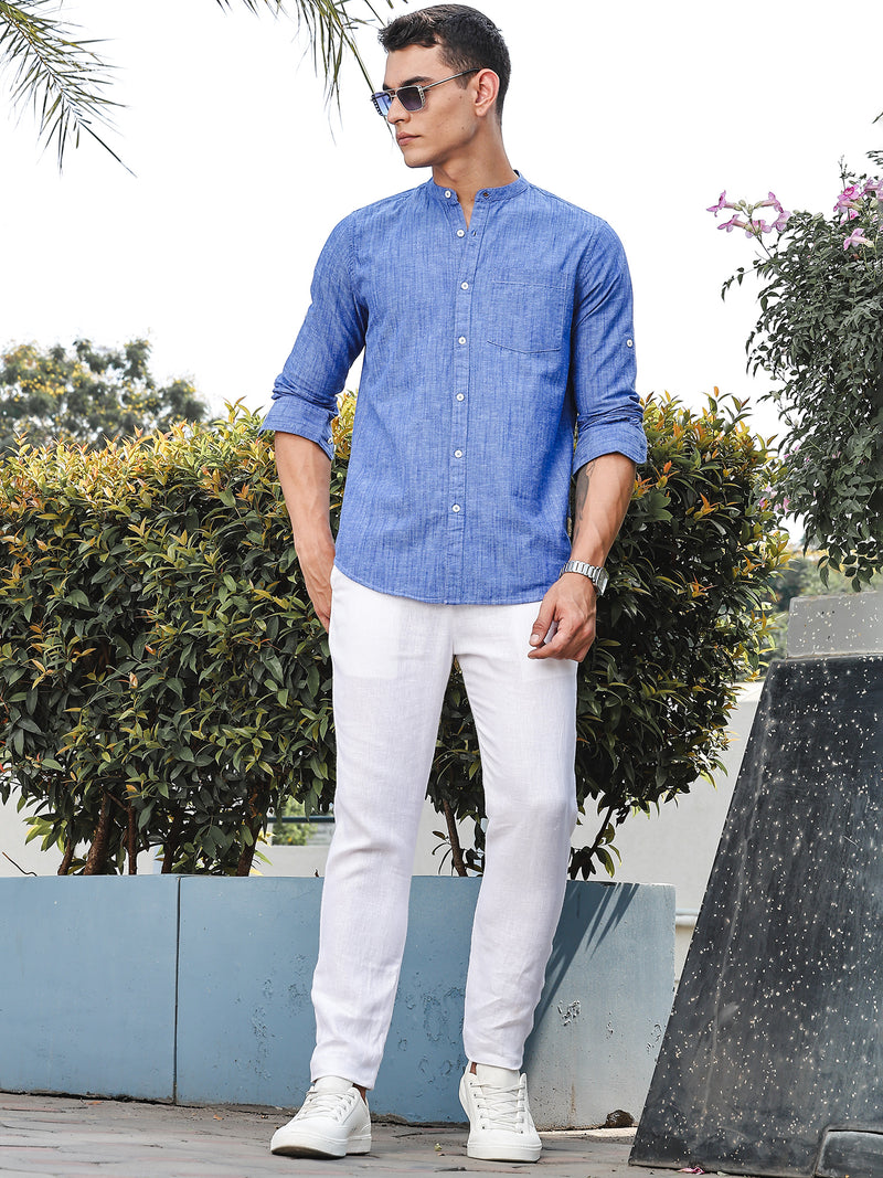 Thomas Scott Men DarkBlue Slim Fit Long Sleeves Mandarin Collar Linen Casual Shirt