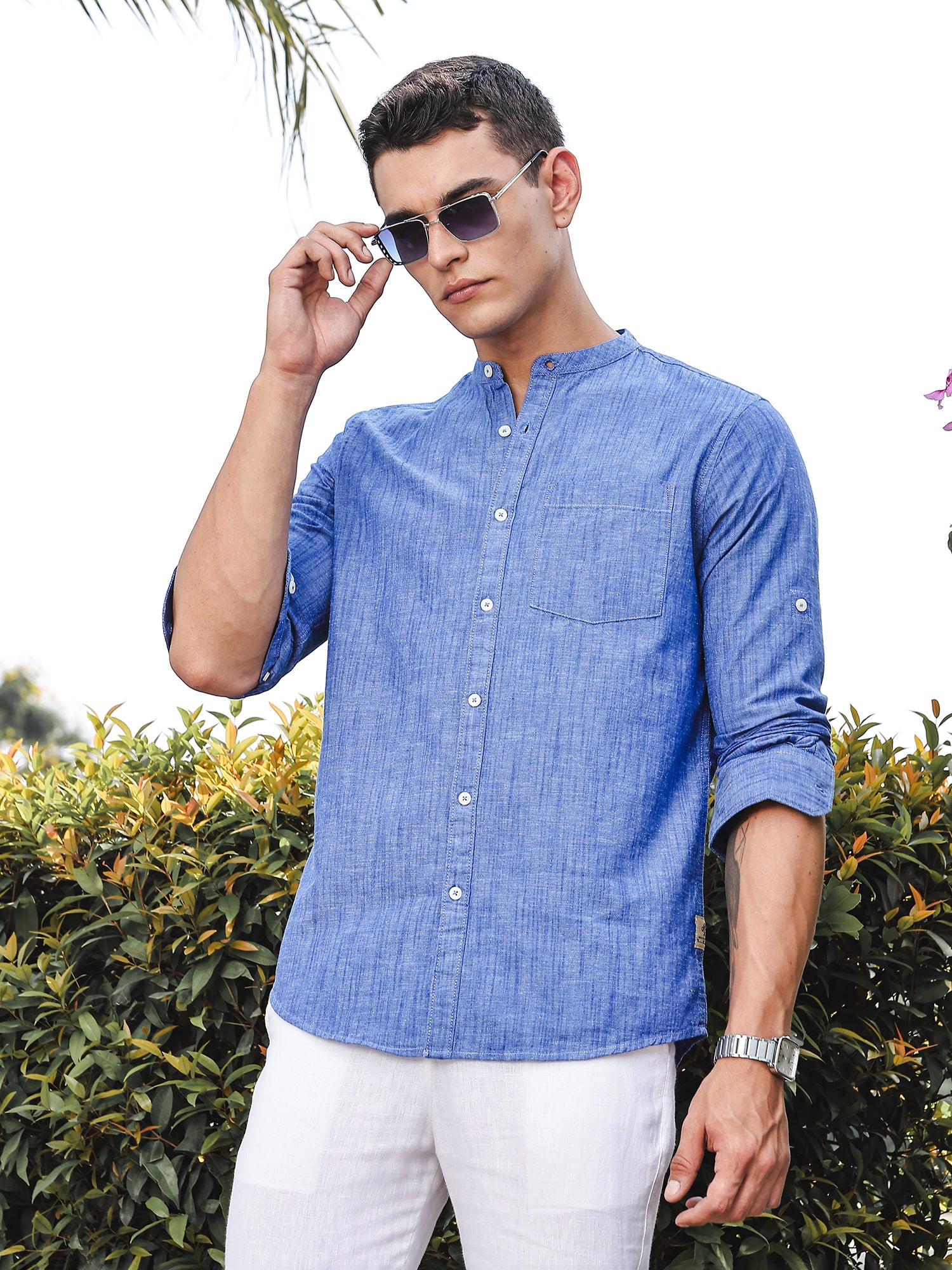 Thomas Scott Men DarkBlue Slim Fit Long Sleeves Mandarin Collar Linen Casual Shirt